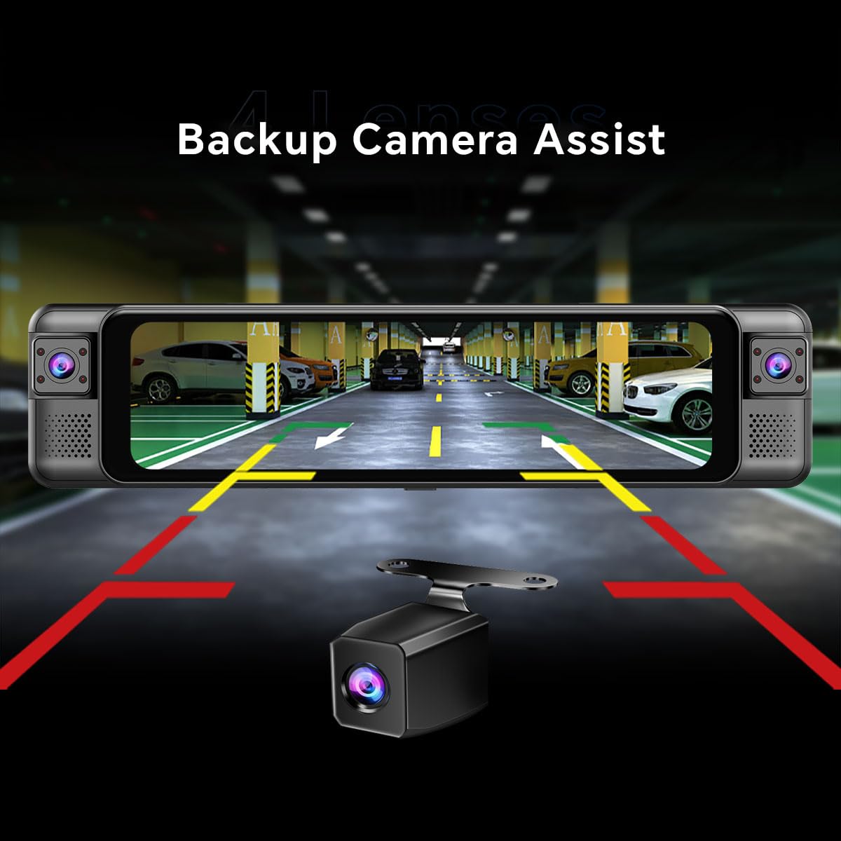 D80 4-Channel 4K Mirror Dash Cam, 11” touchscreen, ADAS, BSD, night vision, parking mode, 64GB card.