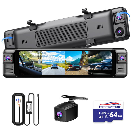 D80 4-Channel 4K Mirror Dash Cam, 11” touchscreen, ADAS, BSD, night vision, parking mode, 64GB card.