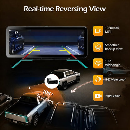 Tesstudio Cybertruck Mirror Cam, 11.26" IPS display, dual camera 2.5K, night vision, Tesla accessory.