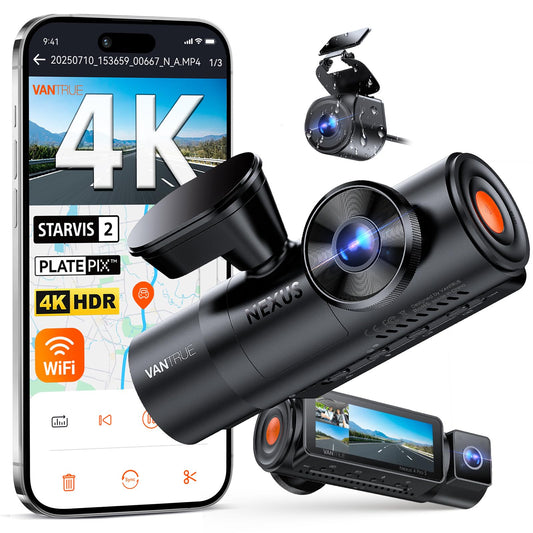 Vantrue N4 Pro S 4K 3-Channel Dash Cam, STARVIS 2, HDR Night Vision, Voice Control, WiFi, GPS, supports up to 1TB.