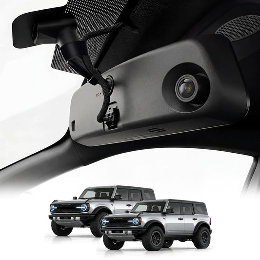 KCV 4K Dash Cam for Ford Bronco 2021–2025, OEM style, front 4K + rear 1080P, plug & play, 64GB card.