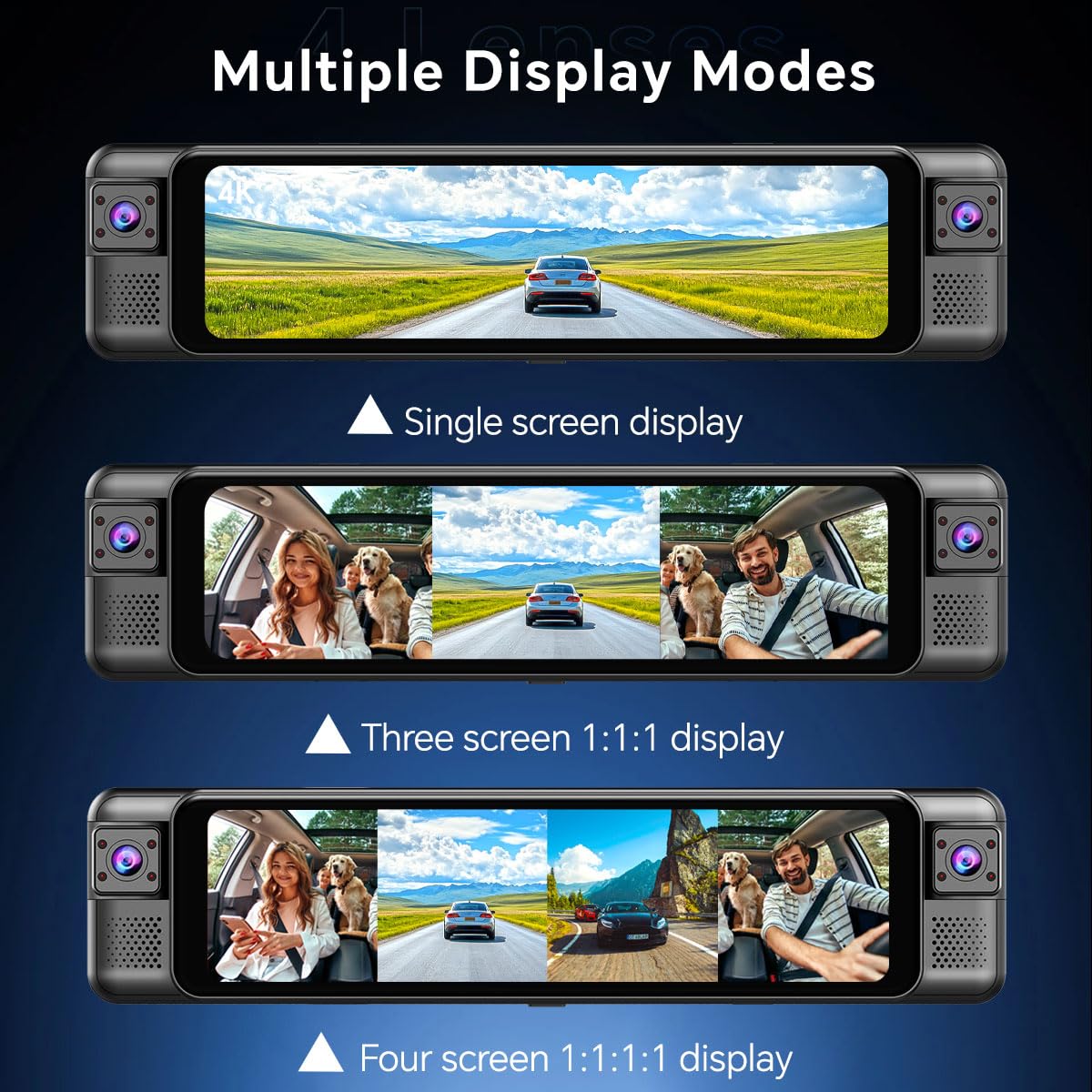 D80 4-Channel 4K Mirror Dash Cam, 11” touchscreen, ADAS, BSD, night vision, parking mode, 64GB card.