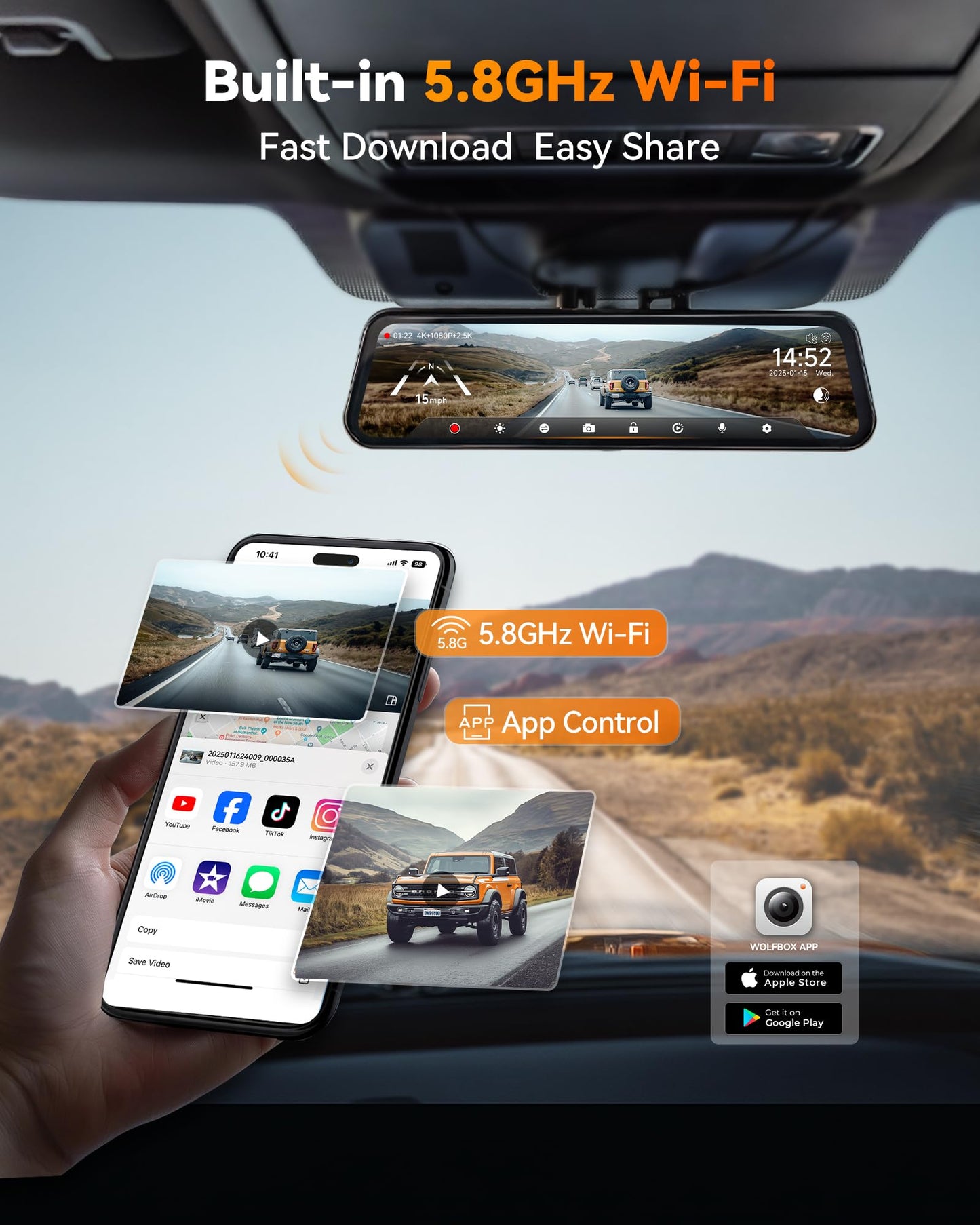 WOLFBOX G900 Tripro Bumper 3-Channel 4K Dash Cam, STARVIS 2, WiFi, GPS, voice control, 256GB.