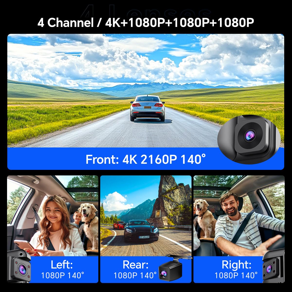 D80 4-Channel 4K Mirror Dash Cam, 11” touchscreen, ADAS, BSD, night vision, parking mode, 64GB card.