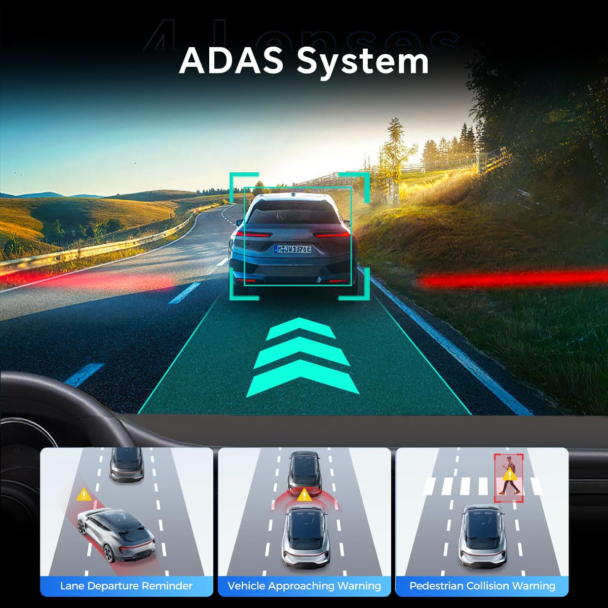 D80 4-Channel 4K Mirror Dash Cam, 11” touchscreen, ADAS, BSD, night vision, parking mode, 64GB card.