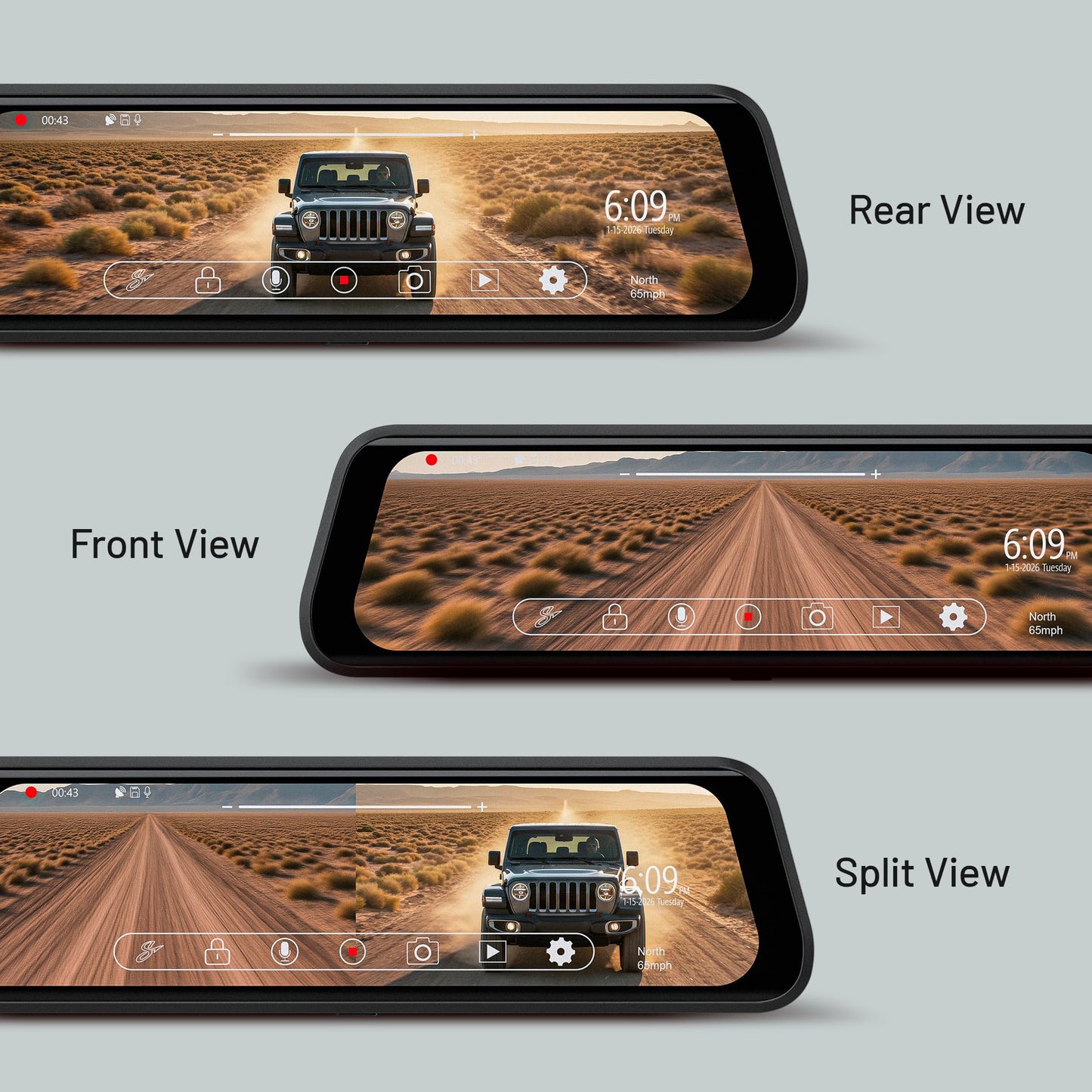 Stinger Jeep Wrangler JL 4K Mirror Dash Cam, 2K rear cam, night vision, DVR, 64GB SD, impact detection.