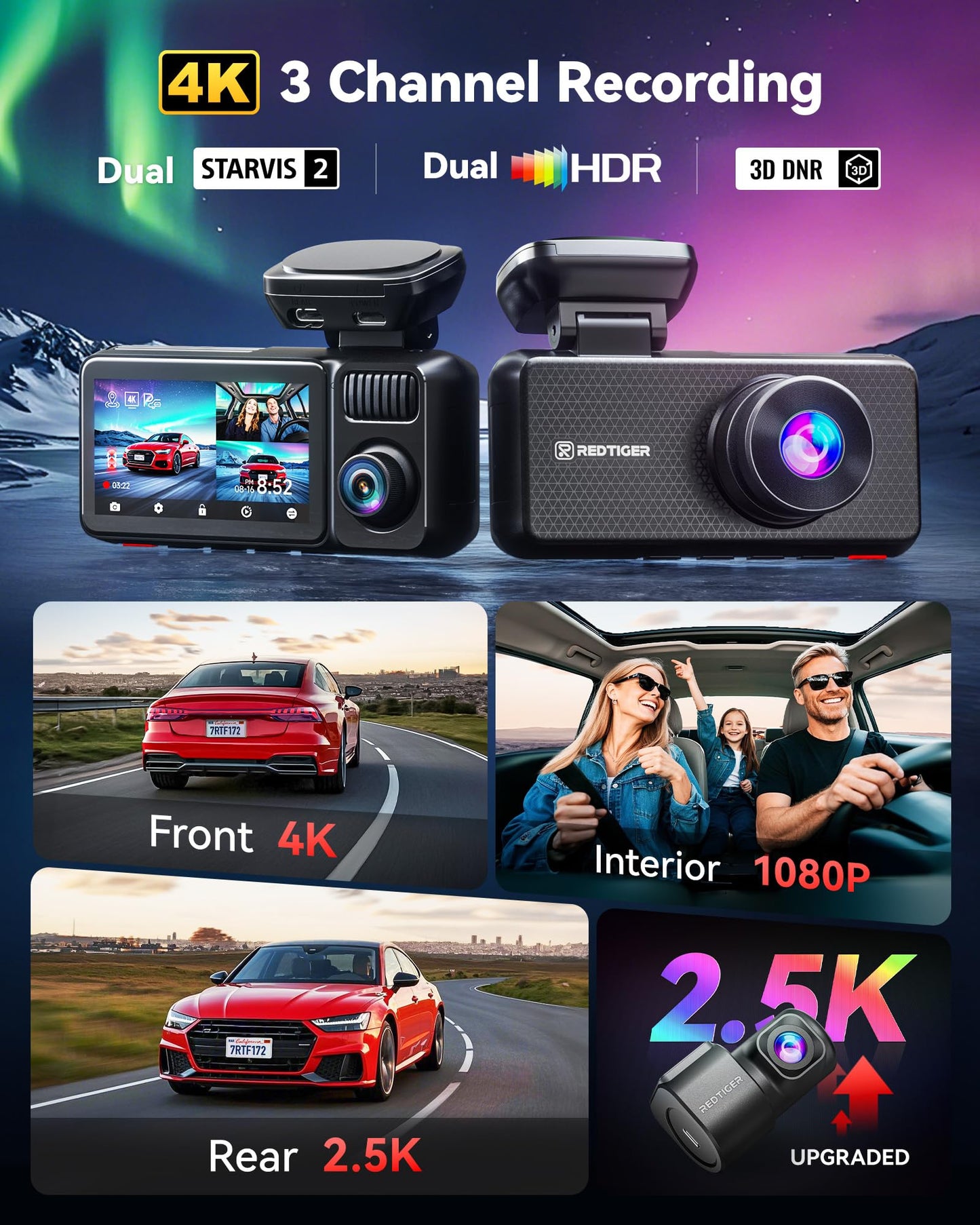 REDTIGER F17 Elite 3-Channel 4K Dash Cam, STARVIS 2, Night Color, Voice Control, WiFi, GPS, 128GB card.