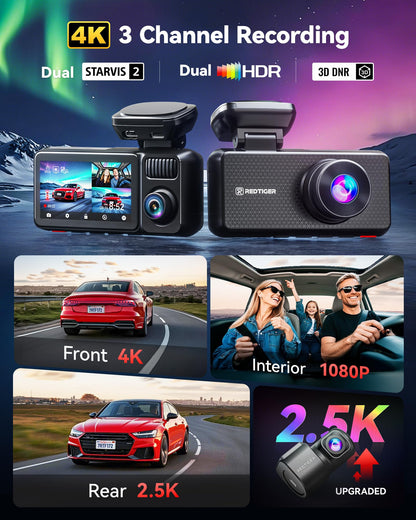 REDTIGER F17 Elite 3-Channel 4K Dash Cam, STARVIS 2, Night Color, Voice Control, WiFi, GPS, 128GB card.