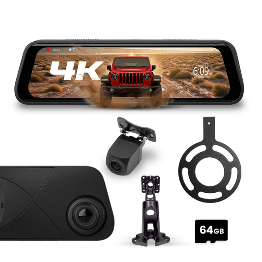 Stinger Jeep Wrangler JL 4K Mirror Dash Cam, 2K rear cam, night vision, DVR, 64GB SD, impact detection.