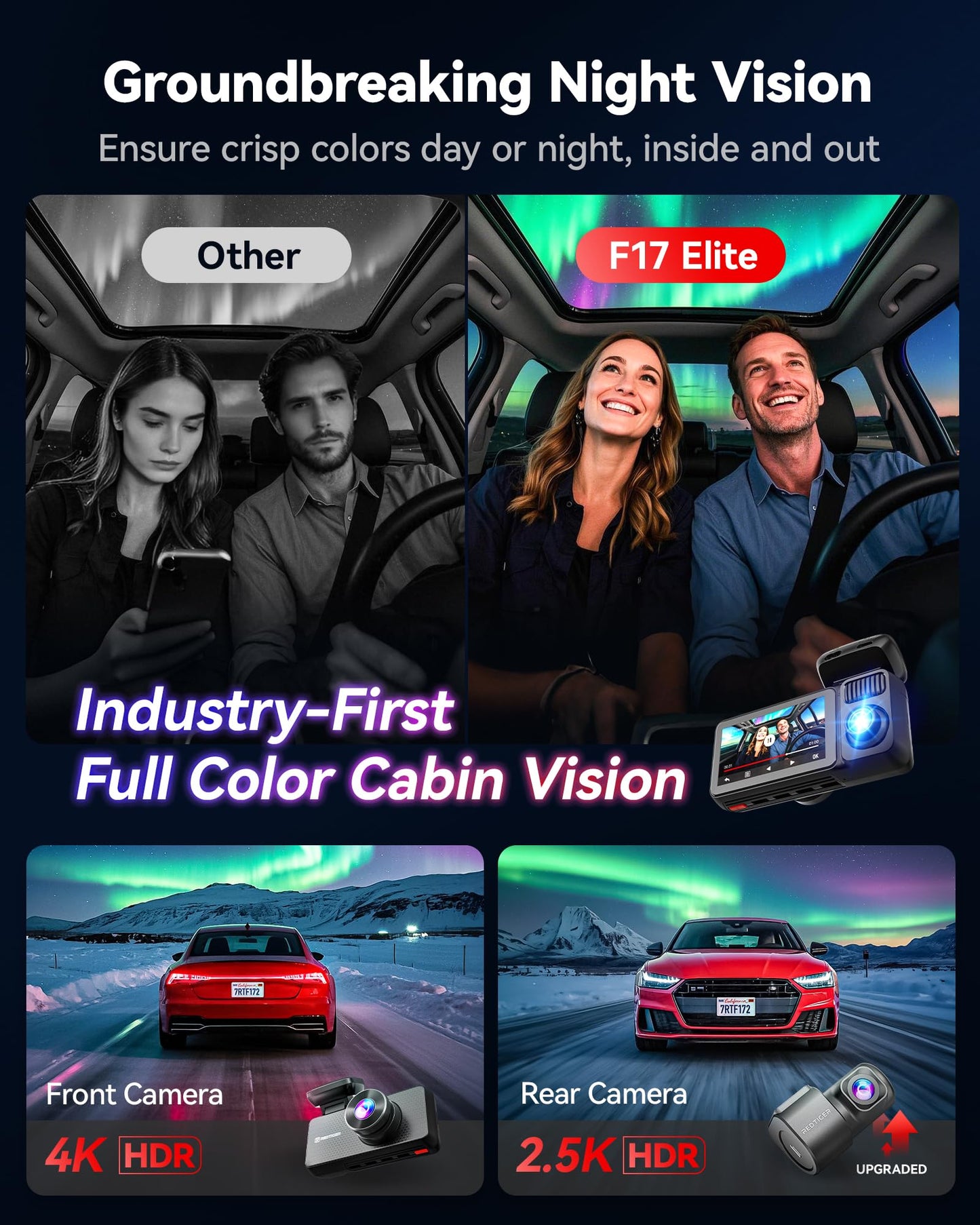 REDTIGER F17 Elite 3-Channel 4K Dash Cam, STARVIS 2, Night Color, Voice Control, WiFi, GPS, 128GB card.