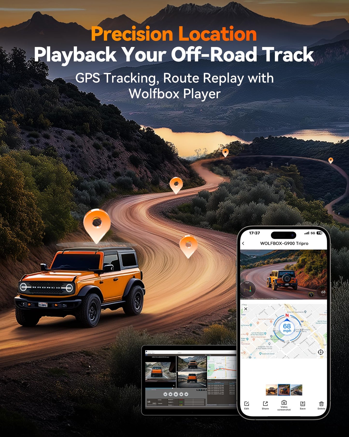 WOLFBOX G900 Tripro Bumper 3-Channel 4K Dash Cam, STARVIS 2, WiFi, GPS, voice control, 256GB.