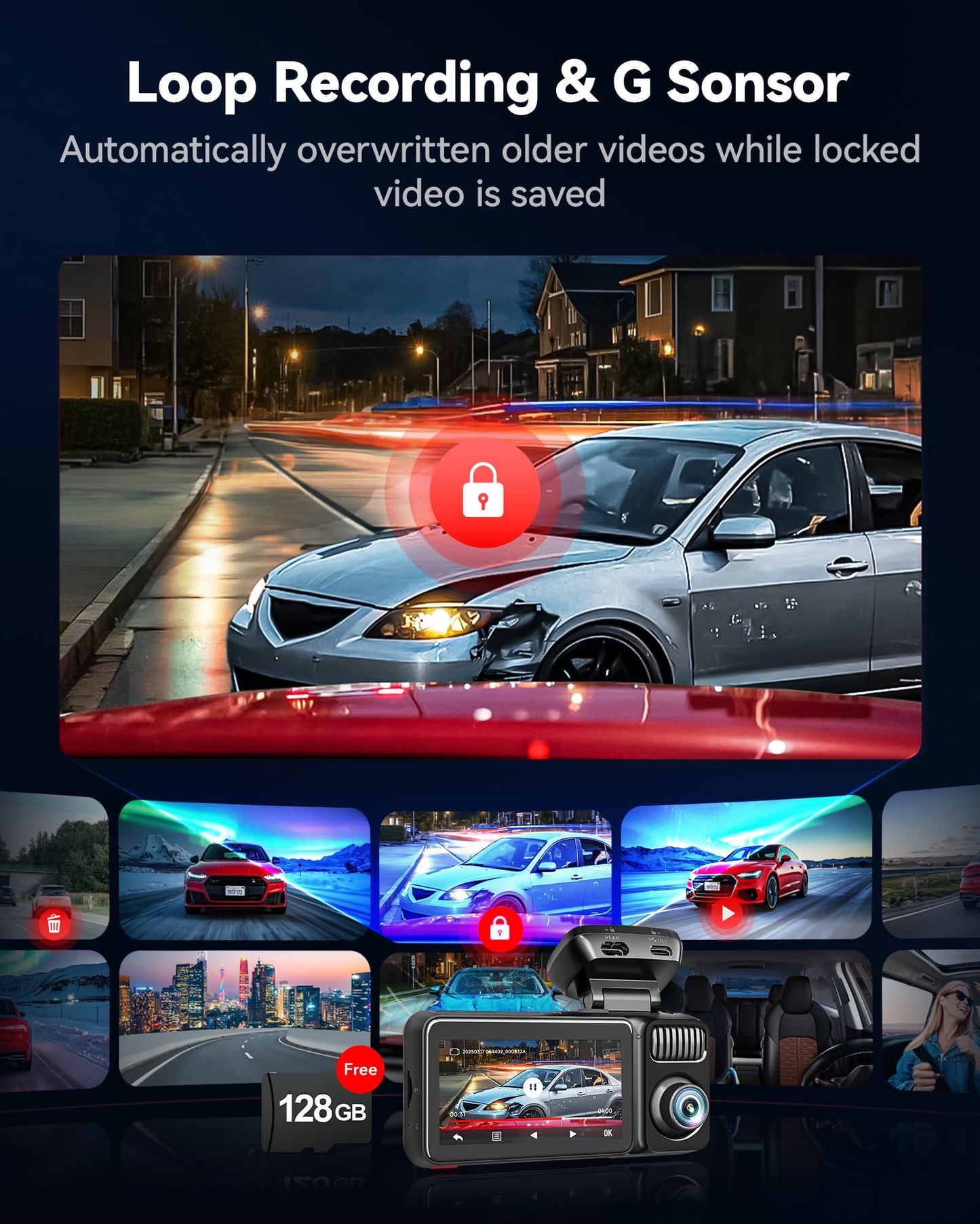 REDTIGER F17 Elite 3-Channel 4K Dash Cam, STARVIS 2, Night Color, Voice Control, WiFi, GPS, 128GB card.