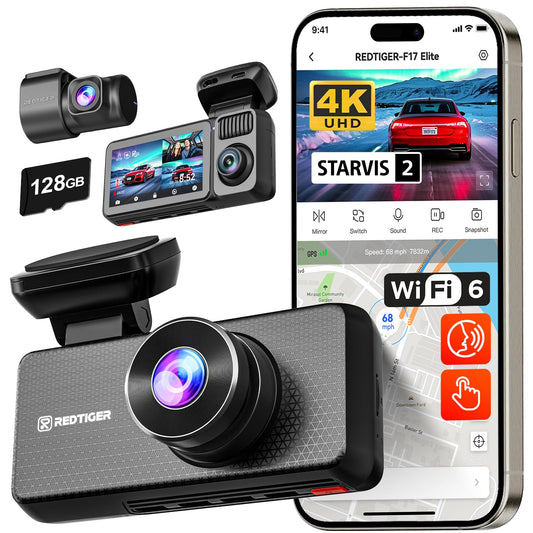 REDTIGER F17 Elite 3-Channel 4K Dash Cam, STARVIS 2, Night Color, Voice Control, WiFi, GPS, 128GB card.