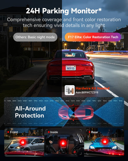 REDTIGER F17 Elite 3-Channel 4K Dash Cam, STARVIS 2, Night Color, Voice Control, WiFi, GPS, 128GB card.