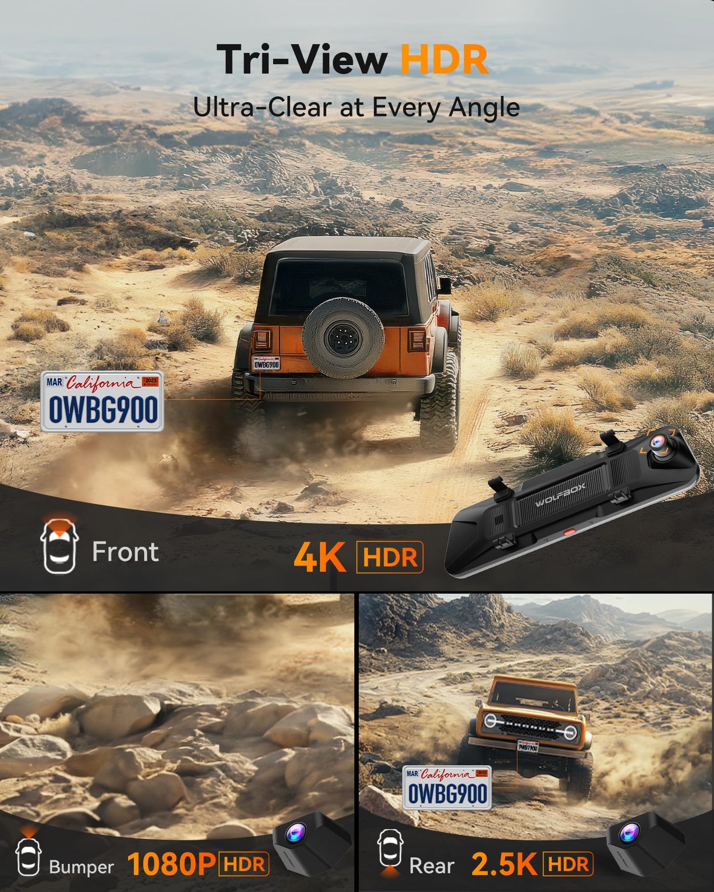 WOLFBOX G900 Tripro Bumper 3-Channel 4K Dash Cam, STARVIS 2, WiFi, GPS, voice control, 256GB.